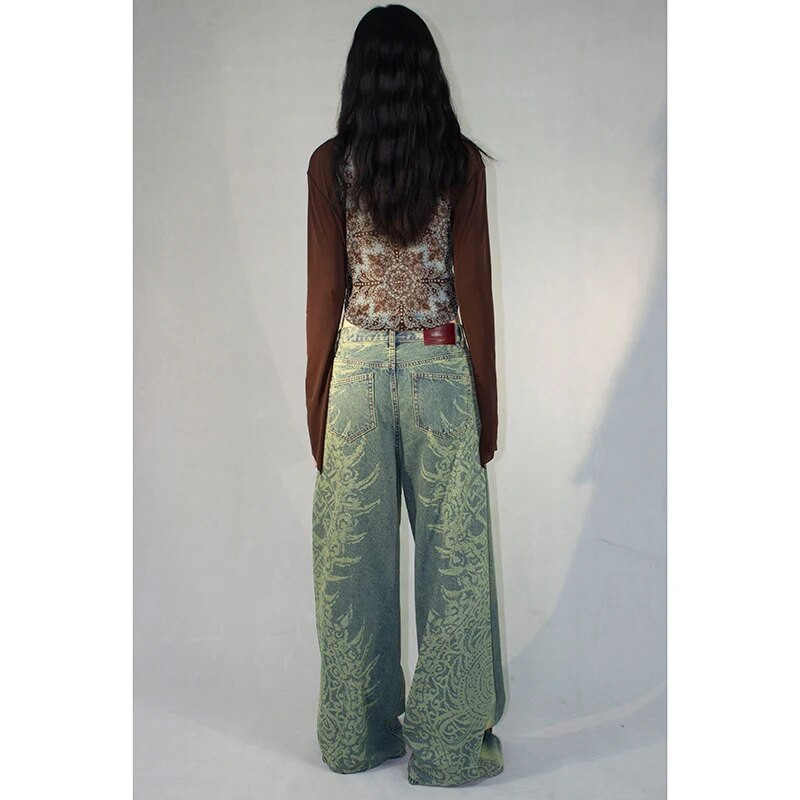 Američke vintage hip-hop traperice s printom visokog struka Ženske ležerne široke Y2K traper hlače širokih nogavica u stilu Streetwear