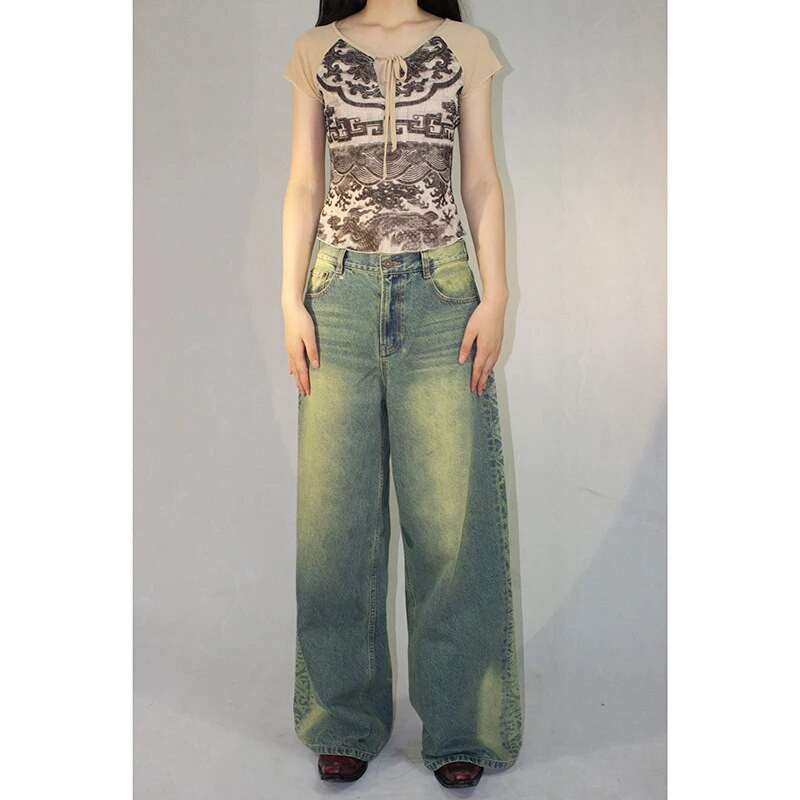 Američke vintage hip-hop traperice s printom visokog struka Ženske ležerne široke Y2K traper hlače širokih nogavica u stilu Streetwear