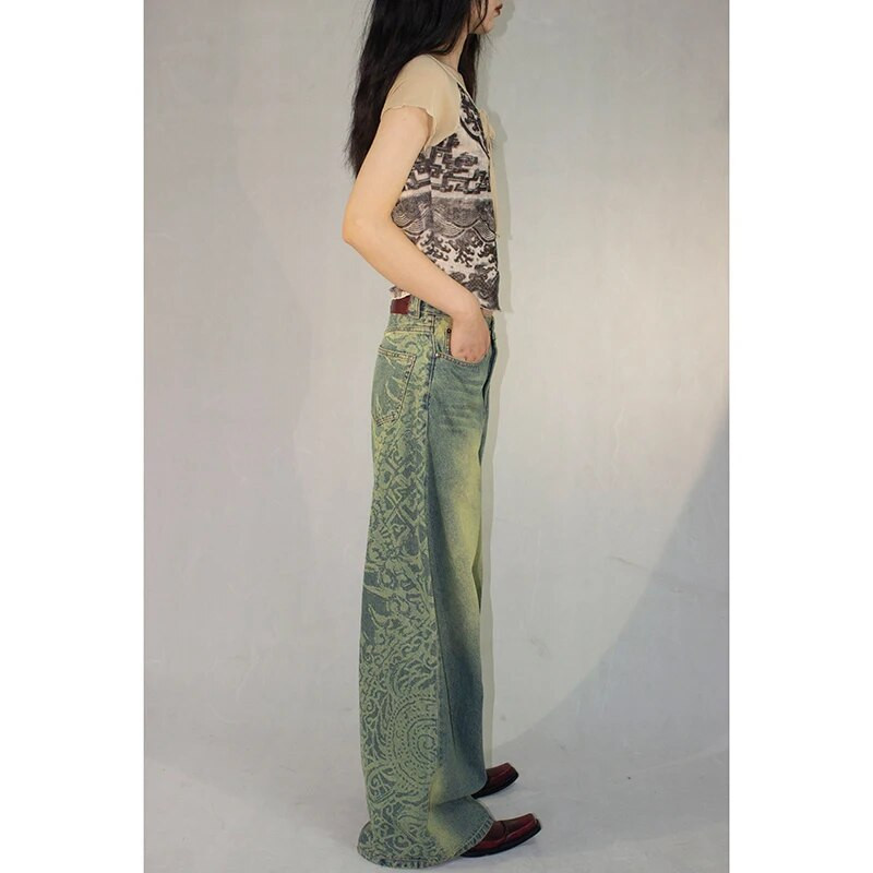 Američke vintage hip-hop traperice s printom visokog struka Ženske ležerne široke Y2K traper hlače širokih nogavica u stilu Streetwear