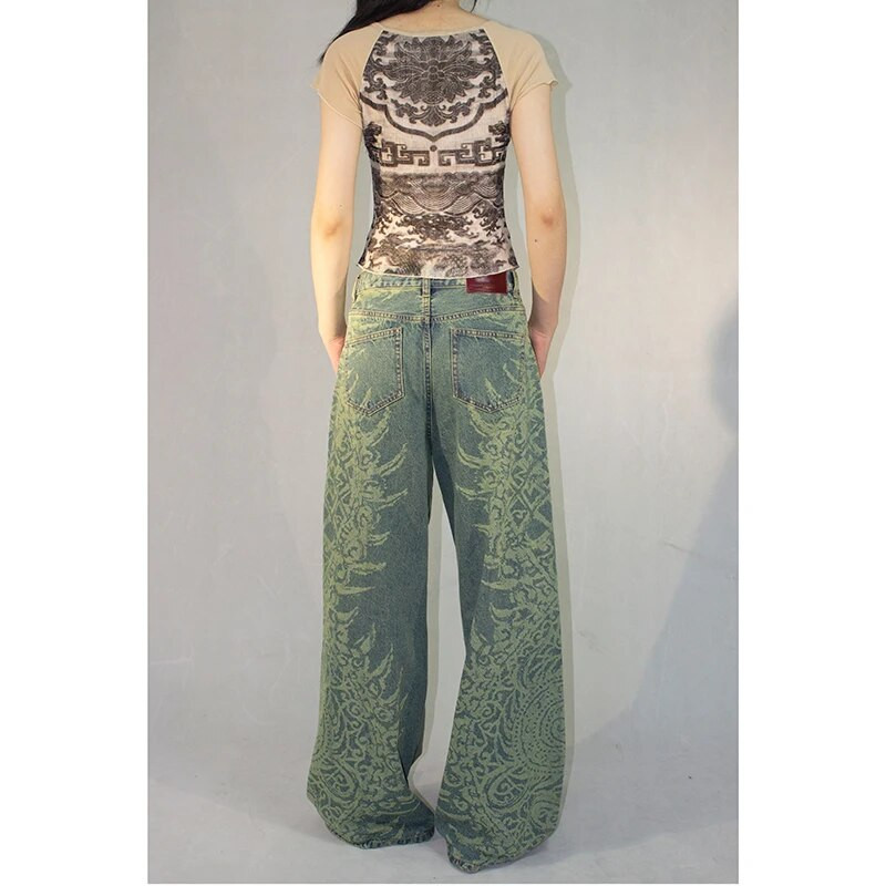 Američke vintage hip-hop traperice s printom visokog struka Ženske ležerne široke Y2K traper hlače širokih nogavica u stilu Streetwear