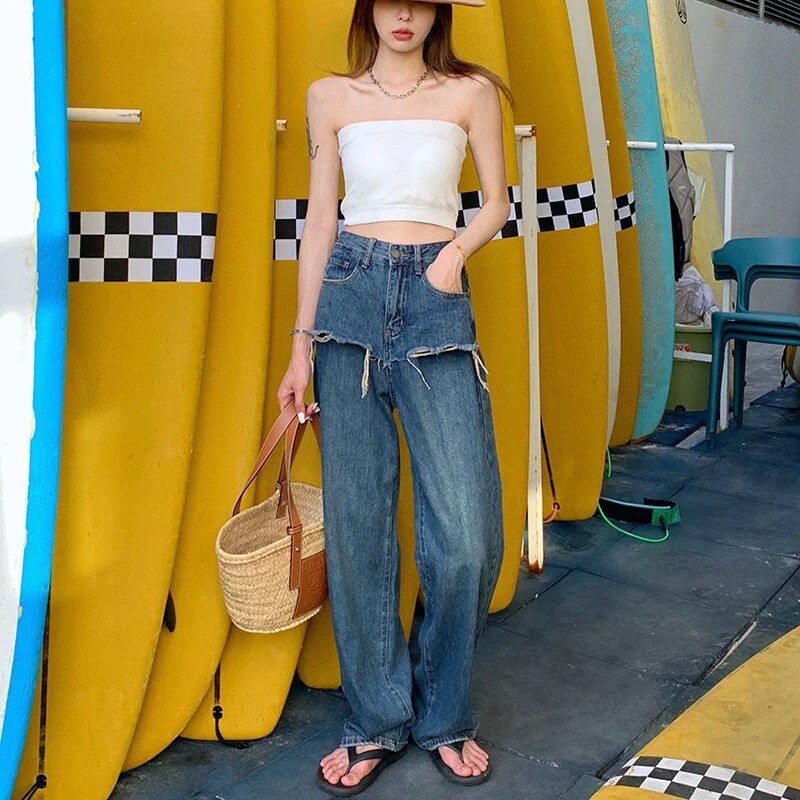 Ženske traperice Vintage Patchwork Opuštene široke nogavice visokog struka Ležerne Trendy Streetwear Dizajn Ugodan korejski stil Sveobuhvatne Ulzzang Ins