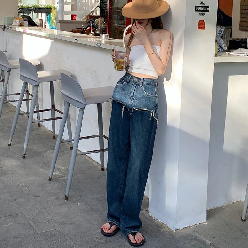 Ženske traperice Vintage Patchwork Opuštene široke nogavice visokog struka Ležerne Trendy Streetwear Dizajn Ugodan korejski stil Sveobuhvatne Ulzzang Ins