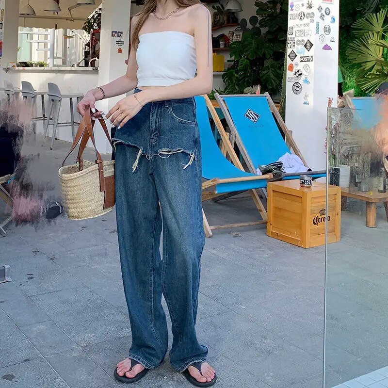 Ženske traperice Vintage Patchwork Opuštene široke nogavice visokog struka Ležerne Trendy Streetwear Dizajn Ugodan korejski stil Sveobuhvatne Ulzzang Ins