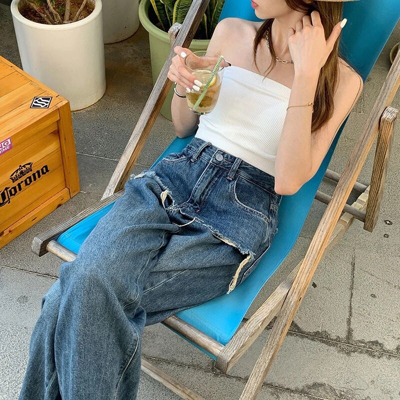 Ženske traperice Vintage Patchwork Opuštene široke nogavice visokog struka Ležerne Trendy Streetwear Dizajn Ugodan korejski stil Sveobuhvatne Ulzzang Ins