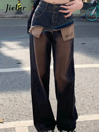 Jielur High Street ravne ženske traperice američkog stila Slim Chic Washed Loose Pamuk Denim Basic Ženske široke hlače