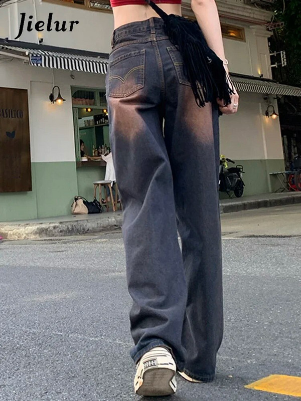 Jielur High Street ravne ženske traperice američkog stila Slim Chic Washed Loose Pamuk Denim Basic Ženske široke hlače