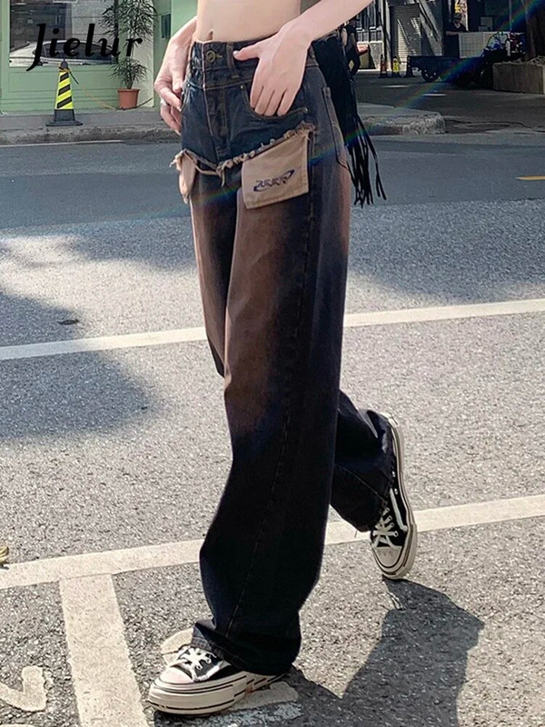 Jielur High Street ravne ženske traperice američkog stila Slim Chic Washed Loose Pamuk Denim Basic Ženske široke hlače
