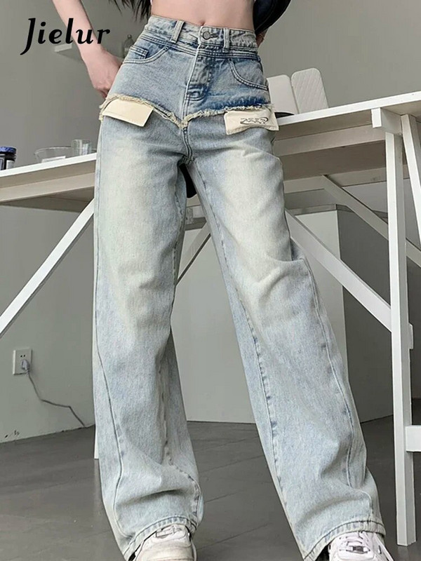 Jielur High Street ravne ženske traperice američkog stila Slim Chic Washed Loose Pamuk Denim Basic Ženske široke hlače