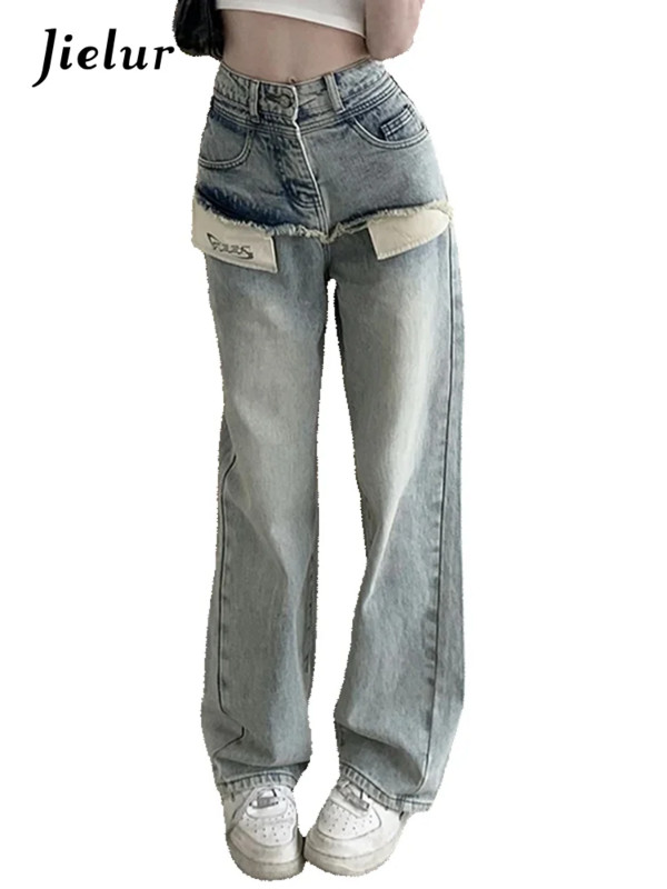Jielur High Street ravne ženske traperice američkog stila Slim Chic Washed Loose Pamuk Denim Basic Ženske široke hlače