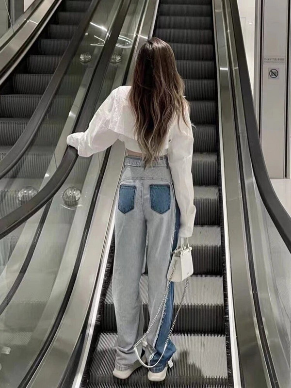 Harajuku Vintage Y2k Pantalones Ραφή με Αντίθεση Σχέδιο Χρώμα Γυναικεία τζιν Άνοιξη Casual Loose Oversized φαρδύ παντελόνι 2000s