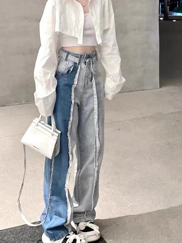 Harajuku Vintage Y2k Pantalones Ραφή με Αντίθεση Σχέδιο Χρώμα Γυναικεία τζιν Άνοιξη Casual Loose Oversized φαρδύ παντελόνι 2000s