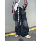 2024, spălat cu apă, negru gri, mustăți de pisică învechit, pantaloni albi cu picioare largi, pantaloni largi, cu picioare largi, blugi pentru bărbați