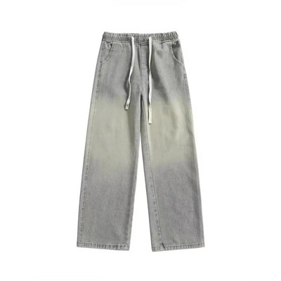 2024, spălat cu apă, negru gri, mustăți de pisică învechit, pantaloni albi cu picioare largi, pantaloni largi, cu picioare largi, blugi pentru bărbați