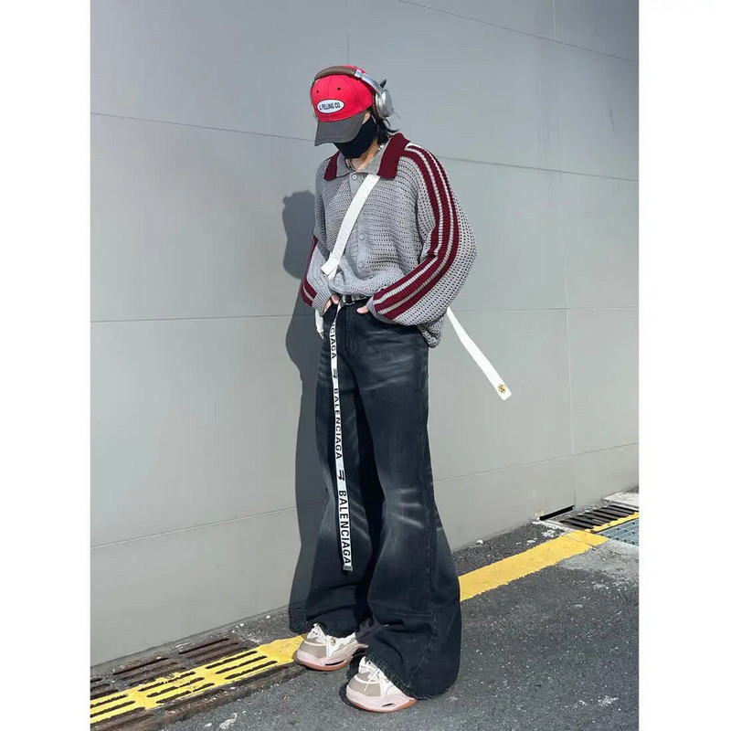 2024, spălat cu apă, negru gri, mustăți de pisică învechit, pantaloni albi cu picioare largi, pantaloni largi, cu picioare largi, blugi pentru bărbați