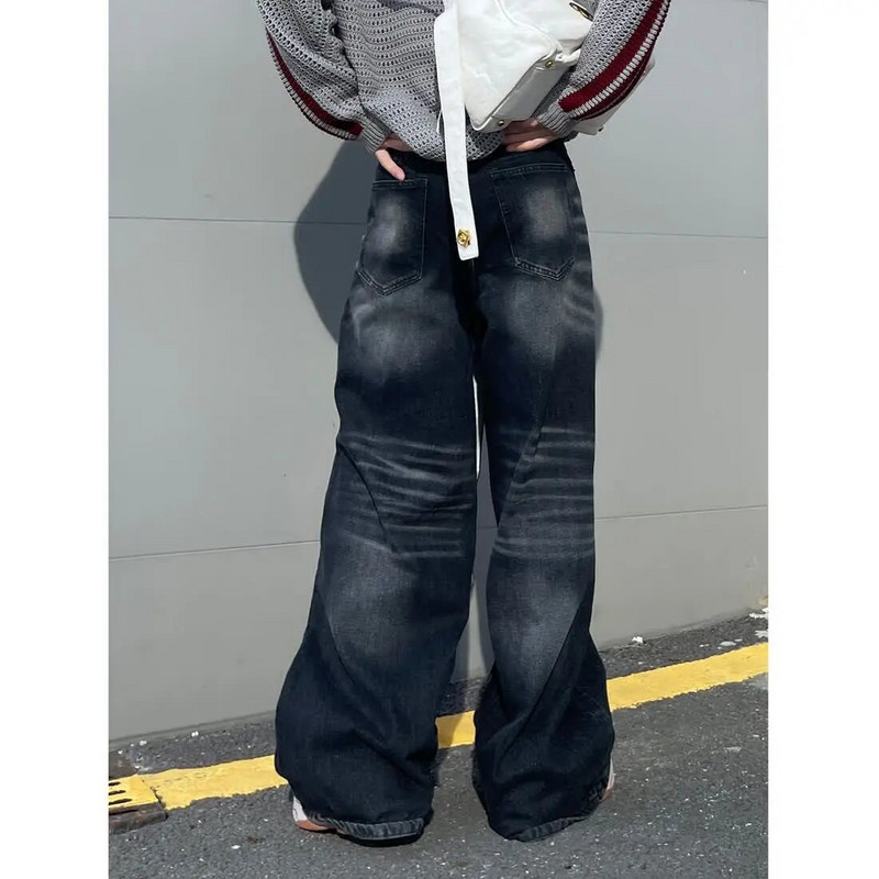 2024, spălat cu apă, negru gri, mustăți de pisică învechit, pantaloni albi cu picioare largi, pantaloni largi, cu picioare largi, blugi pentru bărbați