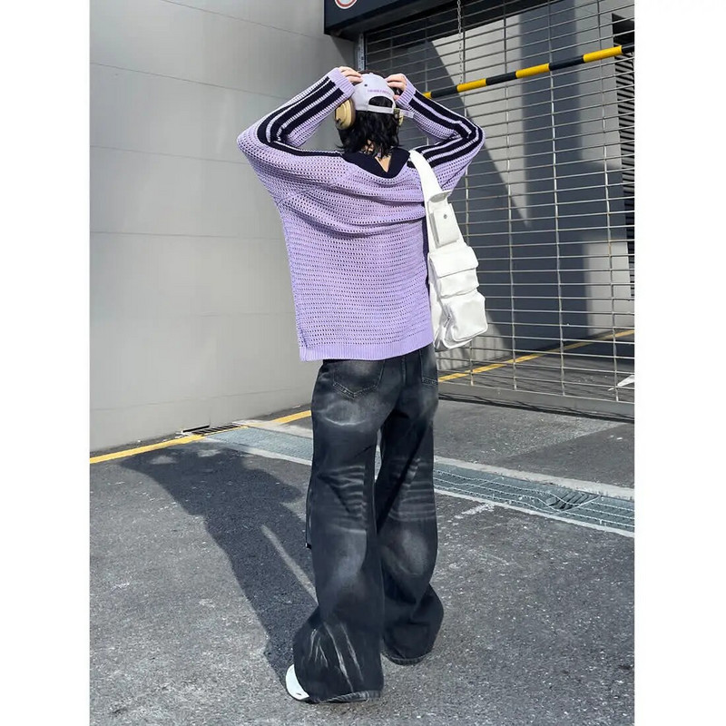 2024, spălat cu apă, negru gri, mustăți de pisică învechit, pantaloni albi cu picioare largi, pantaloni largi, cu picioare largi, blugi pentru bărbați