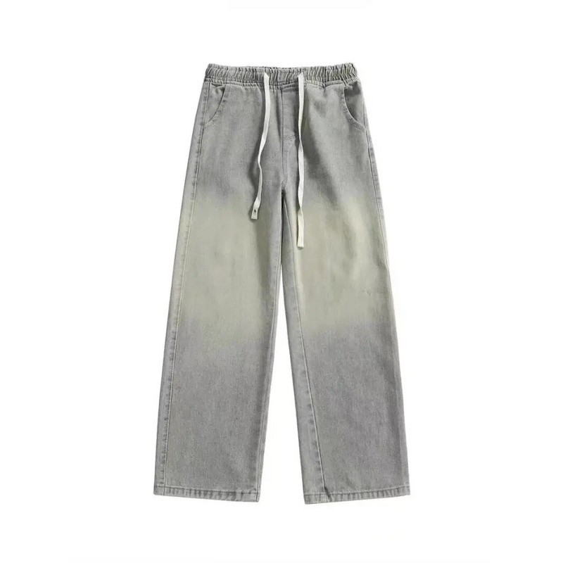 2024, spălat cu apă, negru gri, mustăți de pisică învechit, pantaloni albi cu picioare largi, pantaloni largi, cu picioare largi, blugi pentru bărbați