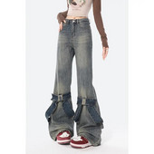 Kék széles szárú farmer őszi és téli flare farmer Vintage masni bő, magas derekú táskás farmer Női utcai ruházat Y2k táskás nadrág