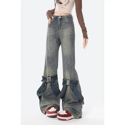 Kék széles szárú farmer őszi és téli flare farmer Vintage masni bő, magas derekú táskás farmer Női utcai ruházat Y2k táskás nadrág