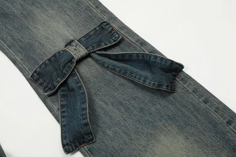 Kék széles szárú farmer őszi és téli flare farmer Vintage masni bő, magas derekú táskás farmer Női utcai ruházat Y2k táskás nadrág