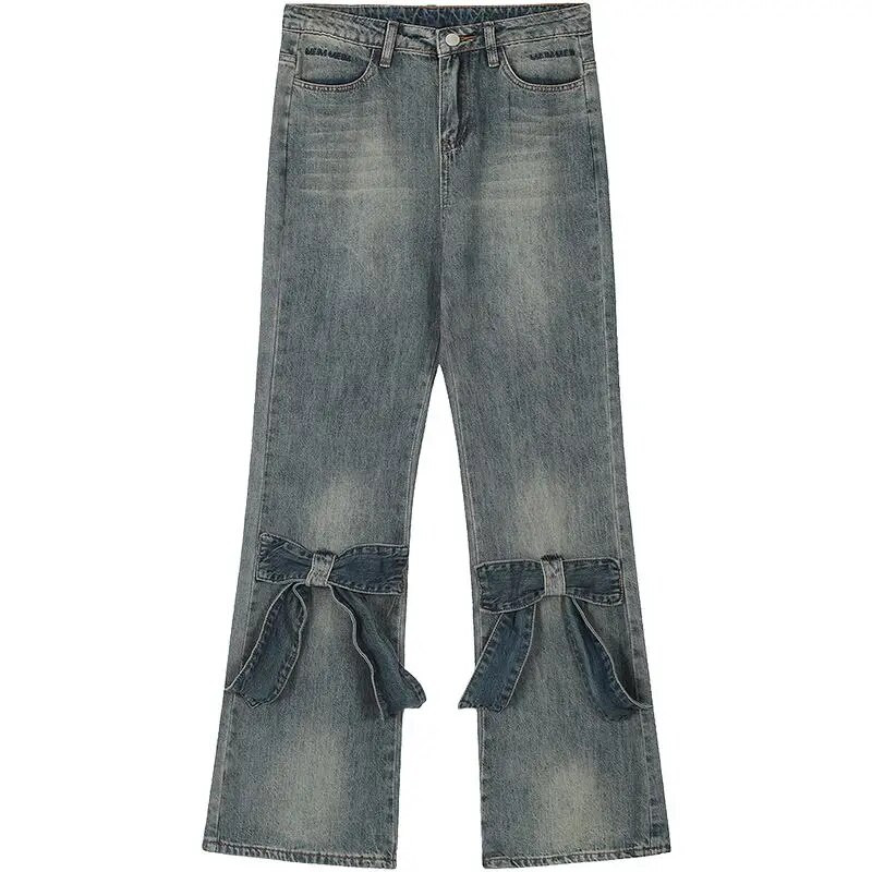 Kék széles szárú farmer őszi és téli flare farmer Vintage masni bő, magas derekú táskás farmer Női utcai ruházat Y2k táskás nadrág