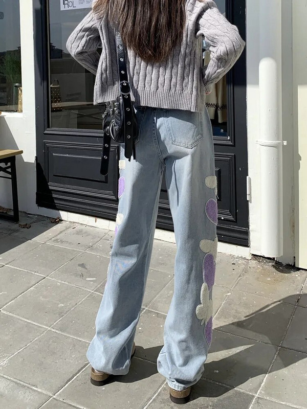 2023. Korejski Y2K modni vez u obliku srca Vintage plave široke traper hlače Vintage odjeća iz 90-ih Ženske ravne Kpop ležerne hlače