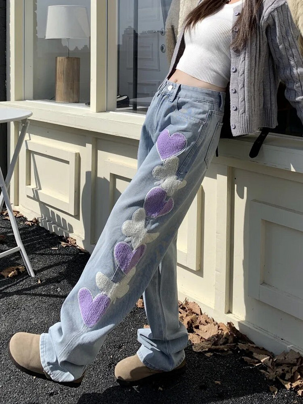 2023. Korejski Y2K modni vez u obliku srca Vintage plave široke traper hlače Vintage odjeća iz 90-ih Ženske ravne Kpop ležerne hlače