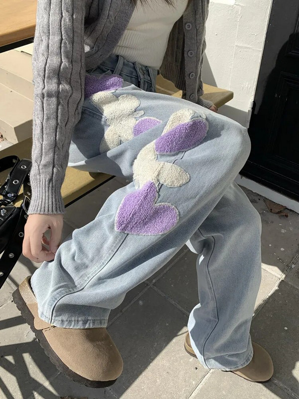 2023. Korejski Y2K modni vez u obliku srca Vintage plave široke traper hlače Vintage odjeća iz 90-ih Ženske ravne Kpop ležerne hlače