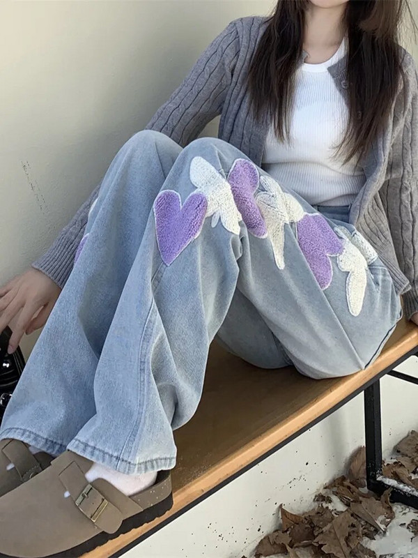 2023. Korejski Y2K modni vez u obliku srca Vintage plave široke traper hlače Vintage odjeća iz 90-ih Ženske ravne Kpop ležerne hlače