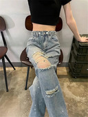 Σκισμένα στρας Τζιν Γυναικείο Καλοκαιρινό Φαρδύ τζιν Παντελόνι Γυναικείο Τρύπες Χαλαρό Casual Τζιν παντελόνι Pantalones Mujer Street ρούχα