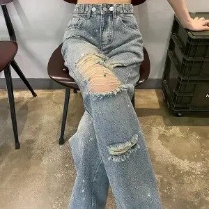 Σκισμένα στρας Τζιν Γυναικείο Καλοκαιρινό Φαρδύ τζιν Παντελόνι Γυναικείο Τρύπες Χαλαρό Casual Τζιν παντελόνι Pantalones Mujer Street ρούχα
