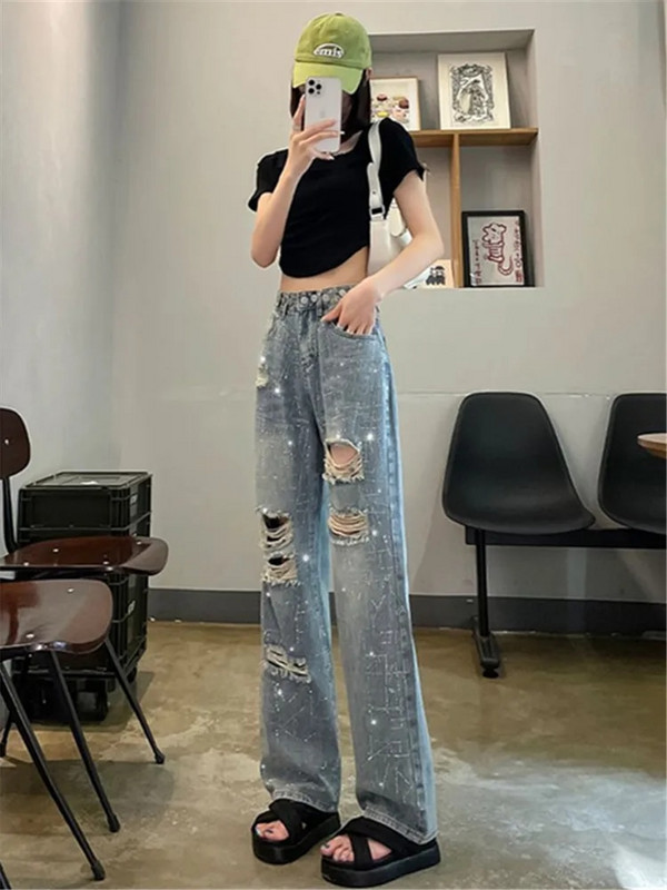 Σκισμένα στρας Τζιν Γυναικείο Καλοκαιρινό Φαρδύ τζιν Παντελόνι Γυναικείο Τρύπες Χαλαρό Casual Τζιν παντελόνι Pantalones Mujer Street ρούχα