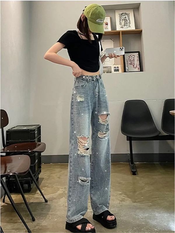 Σκισμένα στρας Τζιν Γυναικείο Καλοκαιρινό Φαρδύ τζιν Παντελόνι Γυναικείο Τρύπες Χαλαρό Casual Τζιν παντελόνι Pantalones Mujer Street ρούχα
