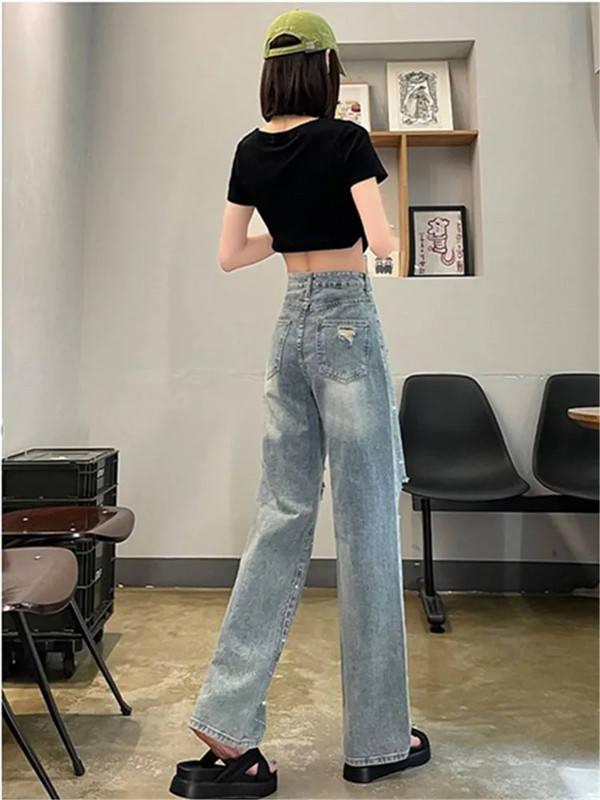 Σκισμένα στρας Τζιν Γυναικείο Καλοκαιρινό Φαρδύ τζιν Παντελόνι Γυναικείο Τρύπες Χαλαρό Casual Τζιν παντελόνι Pantalones Mujer Street ρούχα