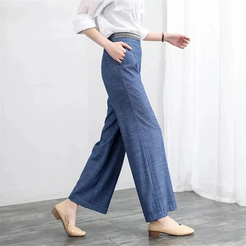 Plave elastične tanke široke traperice visokog struka Ženske hlače širokih nogavica Traper hlače do gležnja Ležerne 4xl Pantalone Korejski Vaqueros