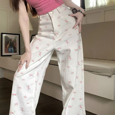 Madingos gėlėtos kelnės Moteriški Saldūs džinsai Korėjietiški Elegantiški kelnės aukštu juosmeniu plačiomis kojomis Laisvos „All Match Lady Casual S-3Xl“ džinsinės kelnės