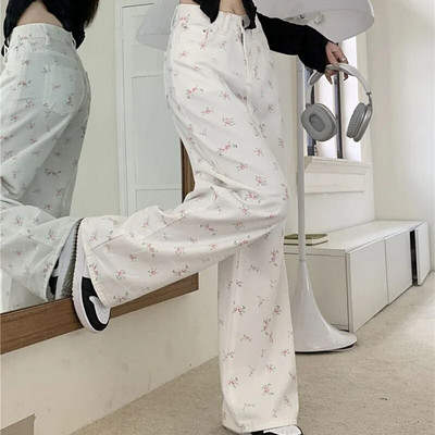 Divatos virágos nadrágok női édes farmerek koreai elegáns, magas derekú, széles szárú nadrágok, bő, All Match Lady alkalmi S-3Xl farmer nadrágok