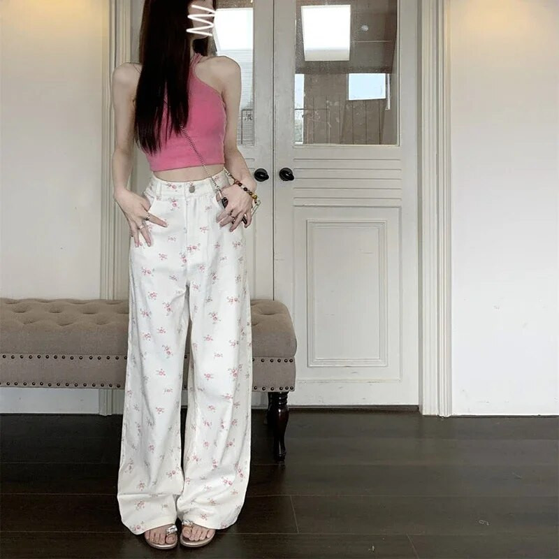 Divatos virágos nadrágok női édes farmerek koreai elegáns, magas derekú, széles szárú nadrágok, bő, All Match Lady alkalmi S-3Xl farmer nadrágok