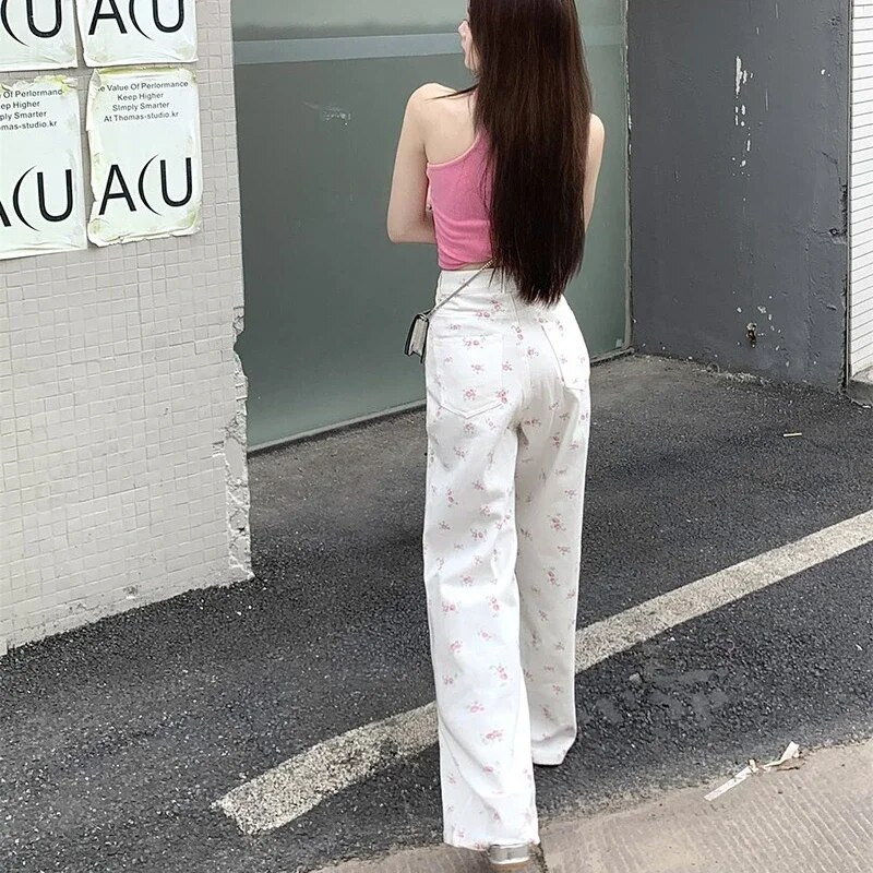 Divatos virágos nadrágok női édes farmerek koreai elegáns, magas derekú, széles szárú nadrágok, bő, All Match Lady alkalmi S-3Xl farmer nadrágok