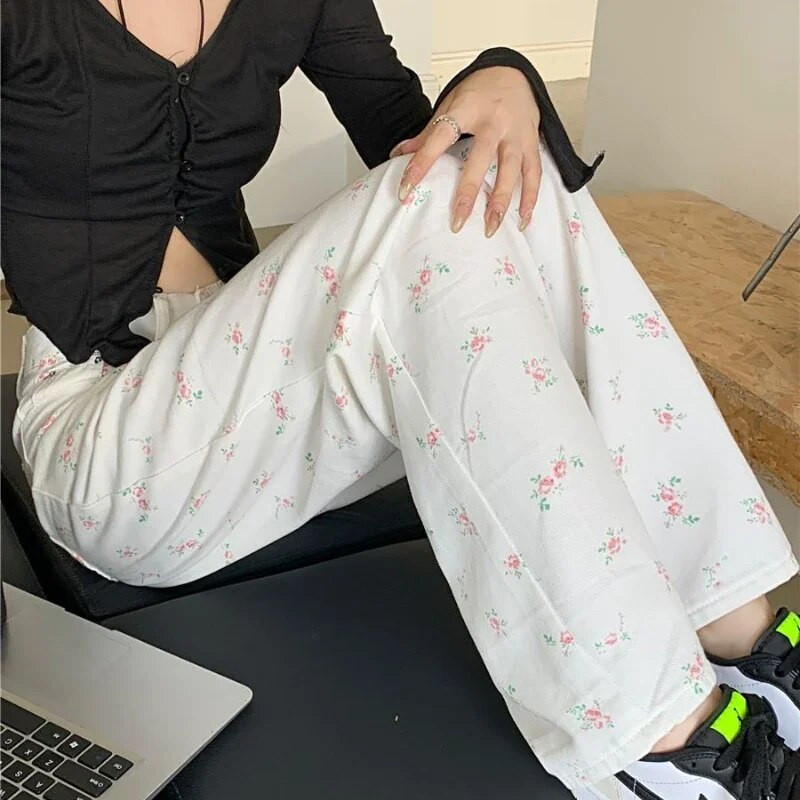 Divatos virágos nadrágok női édes farmerek koreai elegáns, magas derekú, széles szárú nadrágok, bő, All Match Lady alkalmi S-3Xl farmer nadrágok