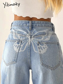 Yitimoky Y2K leptir print visokog struka Ženske traperice široke široke hlače Mom Boyfriend Denim Capri ravne hlače Oversize