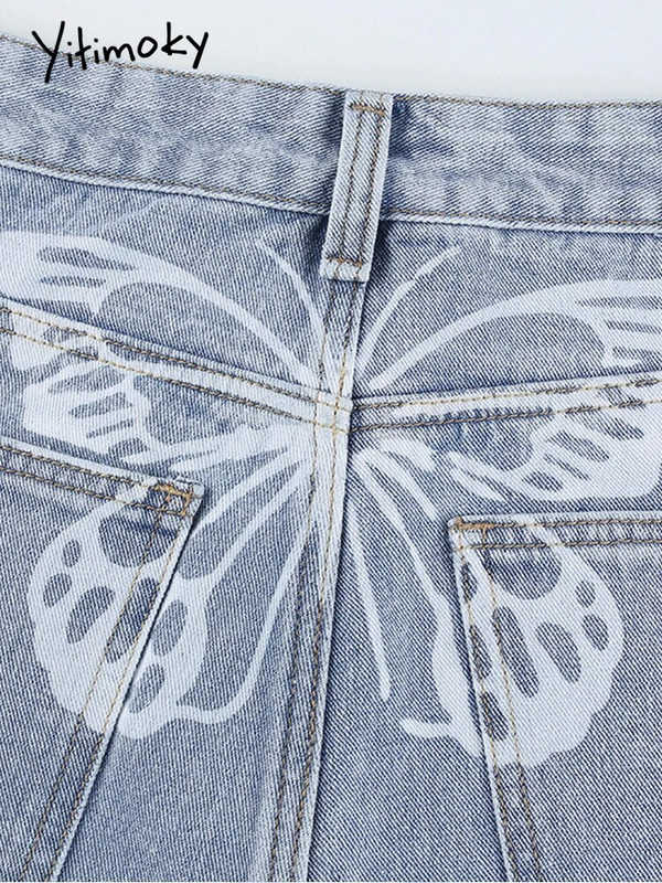 Yitimoky Y2K leptir print visokog struka Ženske traperice široke široke hlače Mom Boyfriend Denim Capri ravne hlače Oversize