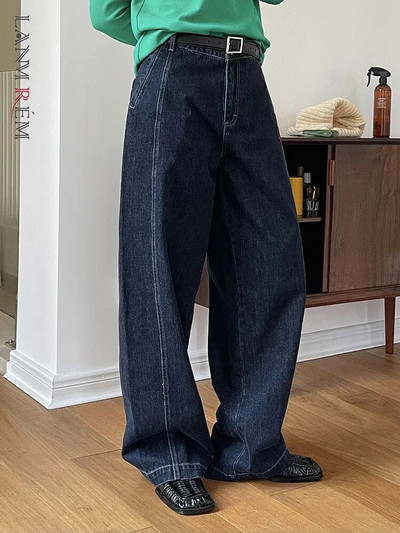 [LANMREM] 2024 de primăvară noi blugi cu talie înaltă pentru femei design îmbinat pantaloni drepți cu picioare largi din denim îmbrăcăminte la modă 26D7124