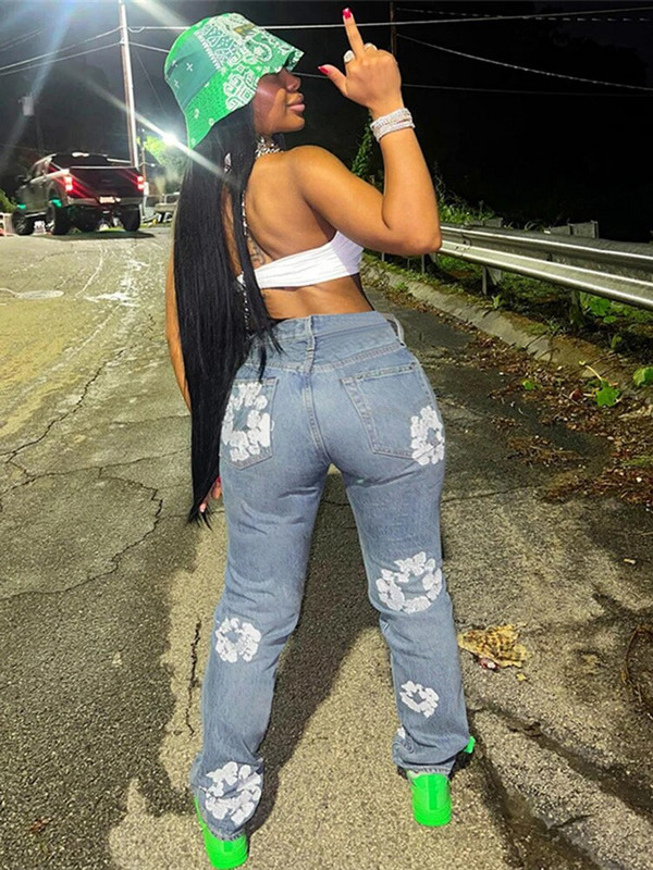 Sifreyr traperice visokog struka s cvjetnim printom Ženske modne vintage ravne traper hlače 90-ih Retro Streetwear Y2K široke grunge hlače