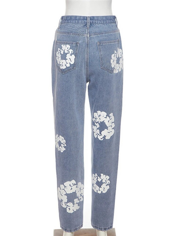 Sifreyr traperice visokog struka s cvjetnim printom Ženske modne vintage ravne traper hlače 90-ih Retro Streetwear Y2K široke grunge hlače