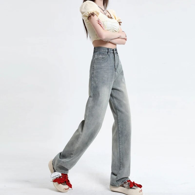 OUSSYU Retro sinised teksad Naiste kõrge vöökoht, sirge lai jalg Femme vabaaja mitmekülgsed lahtised püksid tänavastiilis mood teksapüksid