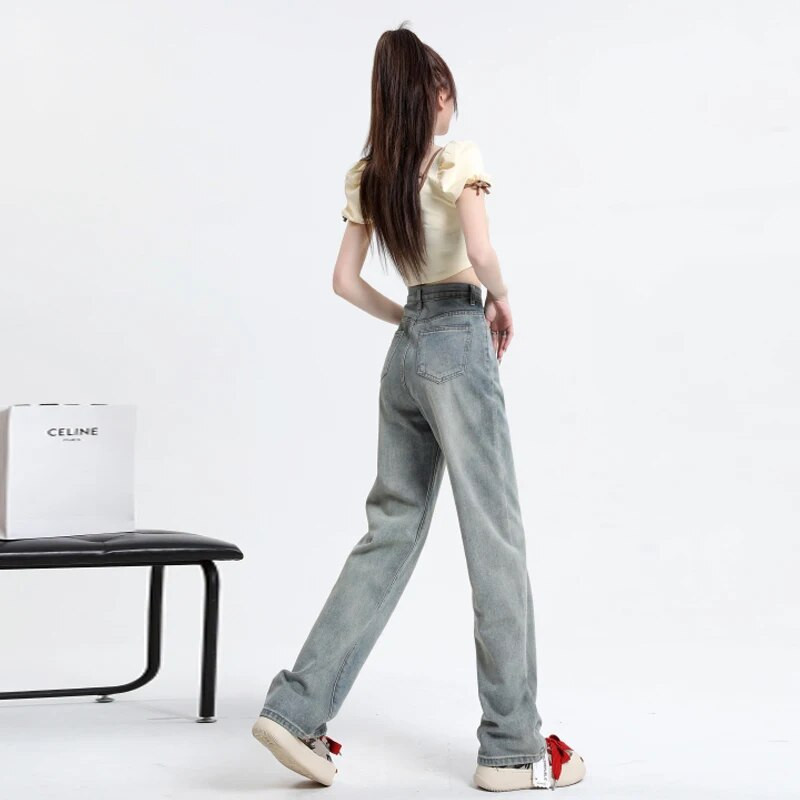 OUSSYU Retro sinised teksad Naiste kõrge vöökoht, sirge lai jalg Femme vabaaja mitmekülgsed lahtised püksid tänavastiilis mood teksapüksid