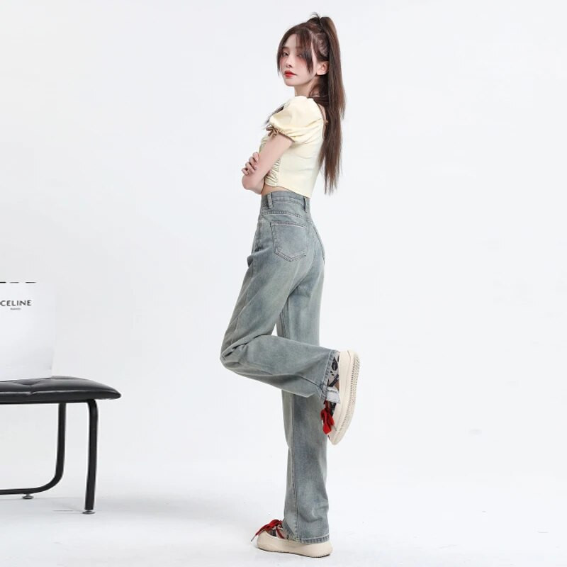 OUSSYU Retro sinised teksad Naiste kõrge vöökoht, sirge lai jalg Femme vabaaja mitmekülgsed lahtised püksid tänavastiilis mood teksapüksid