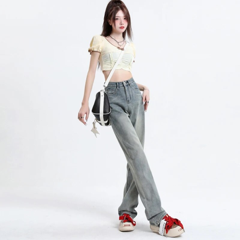 OUSSYU Retro sinised teksad Naiste kõrge vöökoht, sirge lai jalg Femme vabaaja mitmekülgsed lahtised püksid tänavastiilis mood teksapüksid