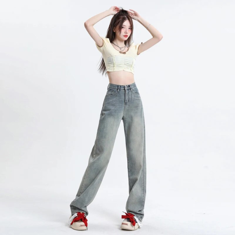 OUSSYU Retro sinised teksad Naiste kõrge vöökoht, sirge lai jalg Femme vabaaja mitmekülgsed lahtised püksid tänavastiilis mood teksapüksid